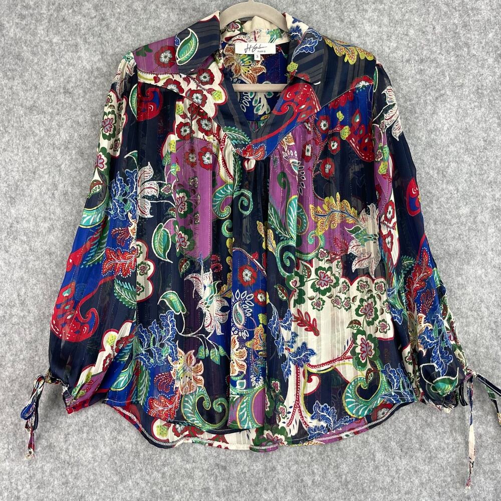 Jeff Gallano Top Womens 3‎ Large Floral Blouse Metallic Sheer Artsy Boho France